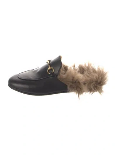 Pre-owned Gucci Leather Fur Trim Mules In Black