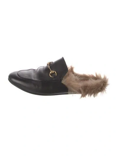 Pre-owned Gucci Leather Fur Trim Mules In Black