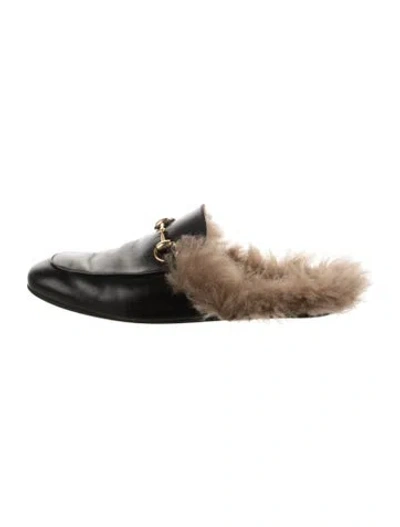 Pre-owned Gucci Leather Fur Trim Mules In Black