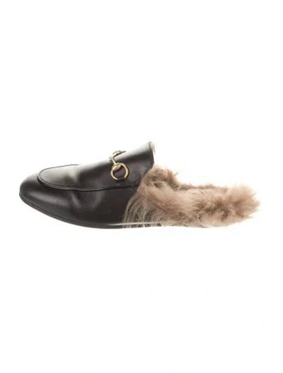 Pre-owned Gucci Leather Fur Trim Mules In Black