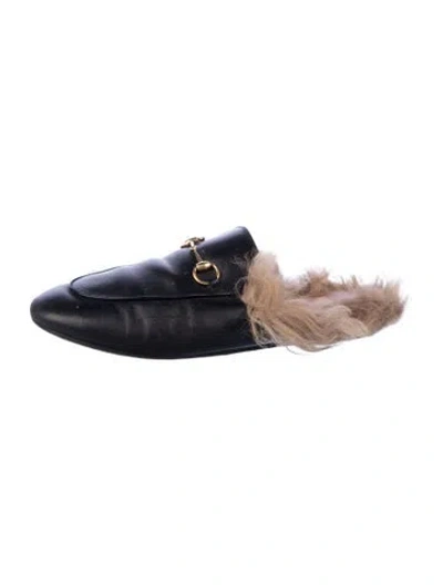 Pre-owned Gucci Leather Fur Trim Mules In Blue