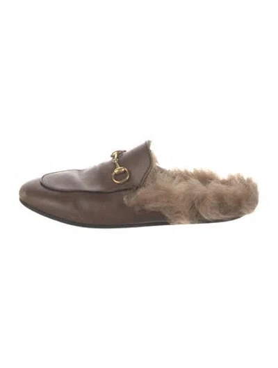Pre-owned Gucci Leather Fur Trim Mules In Brown