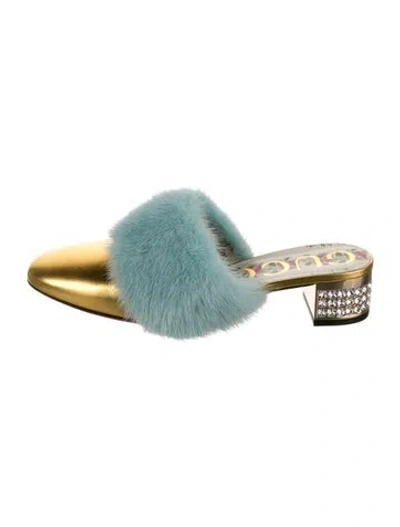 Pre-owned Gucci Leather Fur Trim Mules In Gold