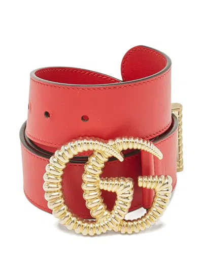 Pre-owned Gucci Leather Gg Buckle Belt In Red