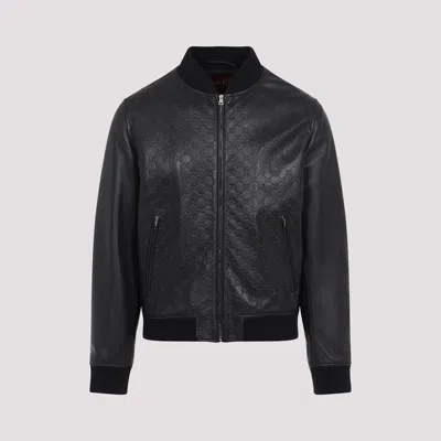 Gucci Gg Logo Leather Jacket In Black