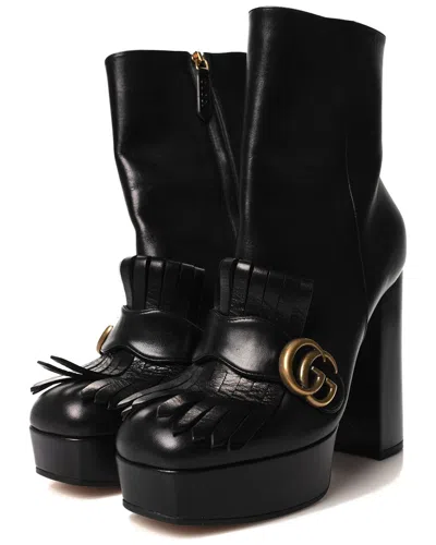 Gucci Leather Gg Marmont Fringe Platform Bootie (authentic Pre-loved) In Black