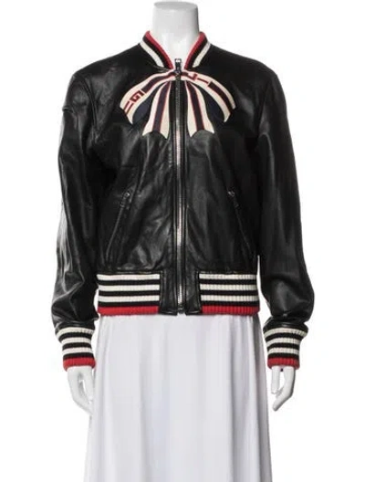 Pre-owned Gucci Leather Graphic Print Bomber Jacket In Black