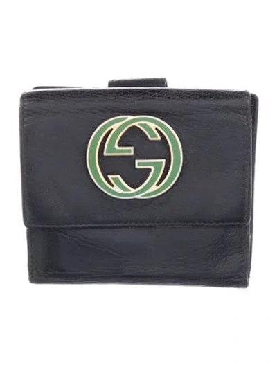 Pre-owned Gucci Leather Graphic Print Compact Wallet In Black
