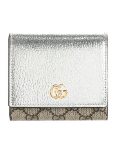 Pre-owned Gucci Leather Graphic Print Compact Wallet In Brown/silver