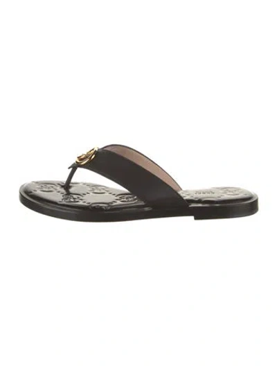 Pre-owned Gucci Leather Graphic Print Flip Flops In Black