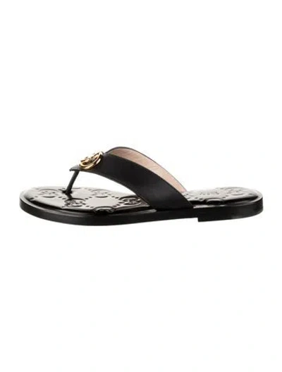 Pre-owned Gucci Leather Graphic Print Flip Flops In Black