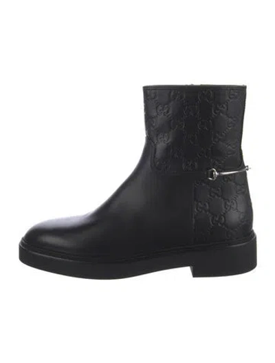 Pre-owned Gucci Leather Graphic Print Moto Boots In Black