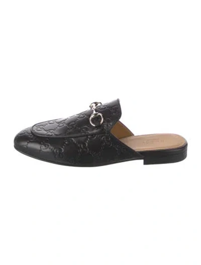 Pre-owned Gucci Leather Graphic Print Mules In Black