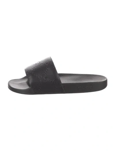 Pre-owned Gucci Leather Graphic Print Slides In Black