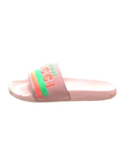 Pre-owned Gucci Leather Graphic Print Slides In Pink