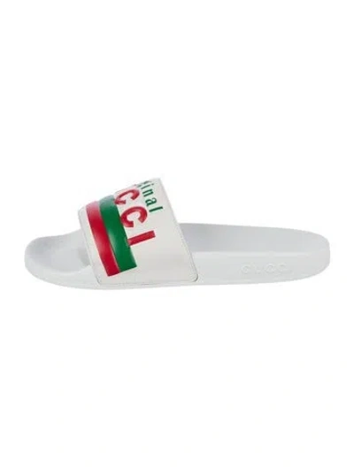 Pre-owned Gucci Leather Graphic Print Slides In White