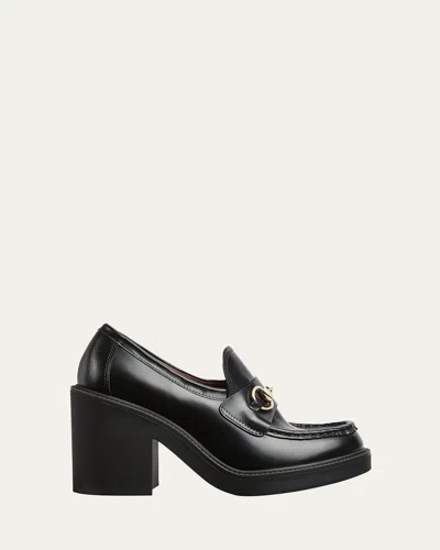 Gucci Leather Horsebit Heeled Loafers In Nero