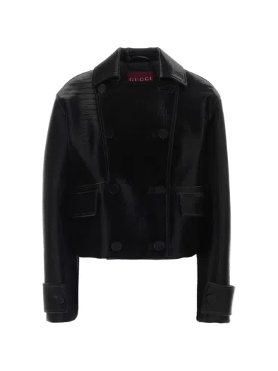 Gucci Croc Embossed Leather Double Breasted Jacket In Black
