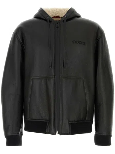 Gucci Leather Jacket With Front Pockets And Hood In Black