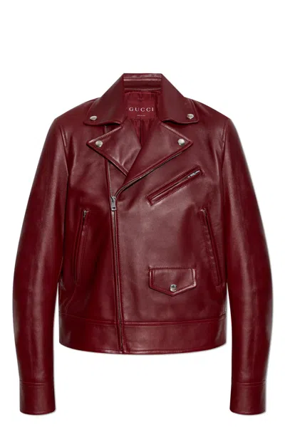 Gucci Leather Biker Jacket Puffer Jackets Brown In Red