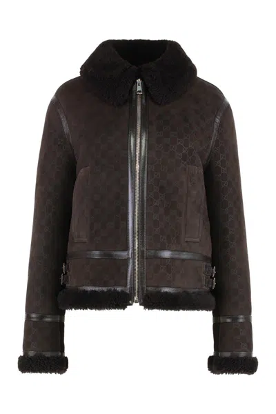 GUCCI GUCCI LEATHER JACKET IN PRINTED SUEDE AND SHEARLING