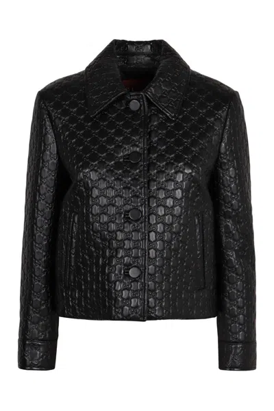 Gucci Leather Jacket With Gg In Relief In Black