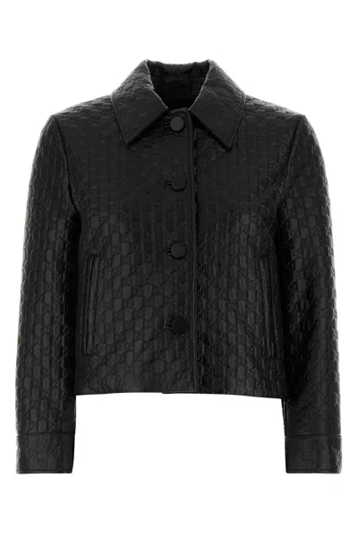 Gucci Leather Jacket With Gg In Relief In Black
