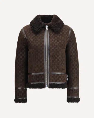 Gucci Leather Jacket With Gg Motif In Brown