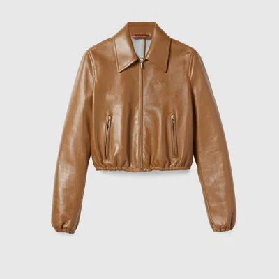 Gucci Leather Jacket With Logo In Brown