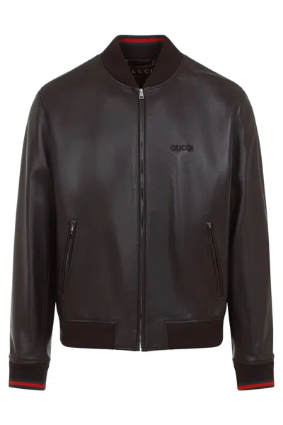 Gucci Men Leather Bomber Jacket In Black