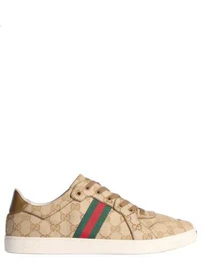 Gucci Leather Lace-up Sneakers With Web Side Detail And Interlocking G Toe Cap In Beige