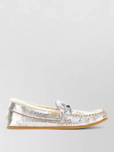 Gucci Leather Loafers Bow Detail Metallic Finish In Silver