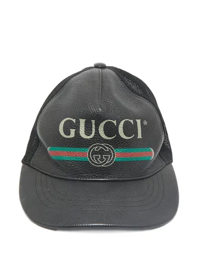 Pre-owned Gucci Leather Logo Baseball Cap In Black