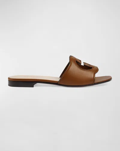 Gucci Interlocking G Cutout Leather Sandal In Brown