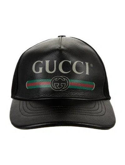 Pre-owned Gucci Leather Logo Trucker Hat In Black