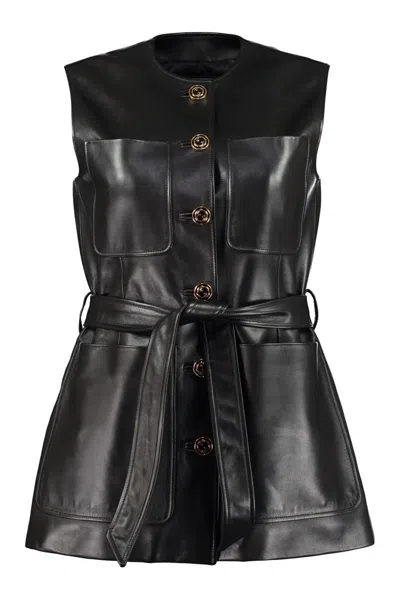 Gucci Black Leather Long Vest With Gg Logo Buttons And Coordinated Waist Belt