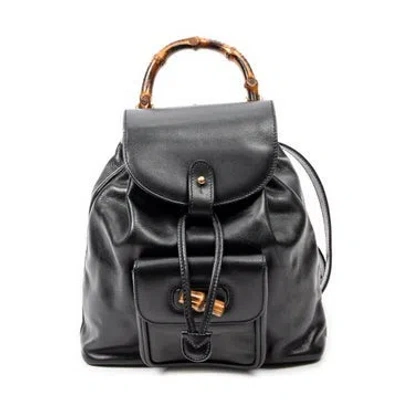 Pre-owned Gucci Leather Mini Bamboo Backpack In Black