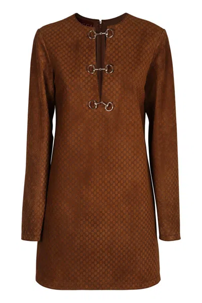 Gucci Womens Cuir Gg Horsebit-detail Suede Mini Dress In Brown