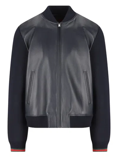 Gucci Navy Blue Nappa Leather And Knit Bomber Jacket Men In Black