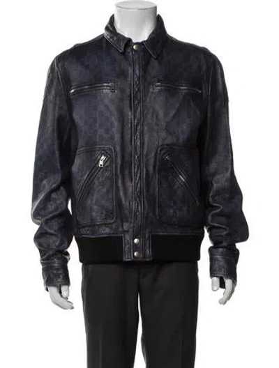 Pre-owned Gucci Leather Patterned Bomber Jacket In Blue