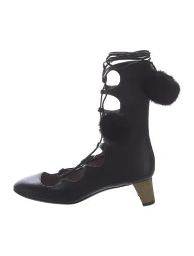 Pre-owned Gucci Leather Pom-pom Embellishments T-strap Pumps In Black