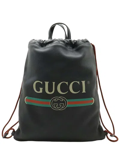 Gucci Leather Print Drawstring Backpack (authentic Pre-loved) In Black