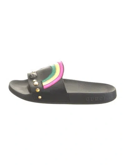 Pre-owned Gucci Leather Printed Slides In Black