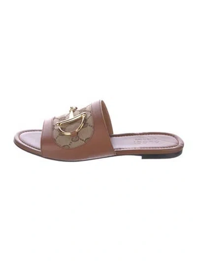 Pre-owned Gucci Leather Printed Slides In Brown