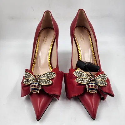 Pre-owned Gucci Leather Queen Margaret Bow Mid Heel Pumps Women's 38.5/us 8.5 Hibiscus Red