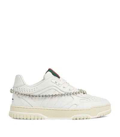 Gucci Re-web Grosgrain-trimmed Crystal-embellished Leather Sneakers In White