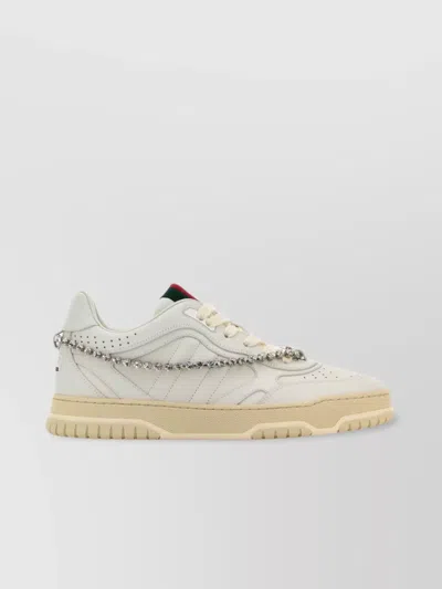 Gucci Re-web Grosgrain-trimmed Crystal-embellished Leather Sneakers In White