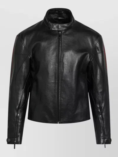 Gucci Leather Bomber With Web Details Jacket In Black