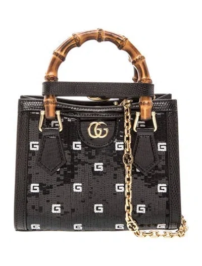Pre-owned Gucci Leather Sequin Lizard Embossed Gg Mini Diana Tote Bag Mini In Black