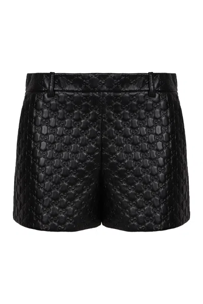 Gucci Leather Shorts With Gg Embossing In Black